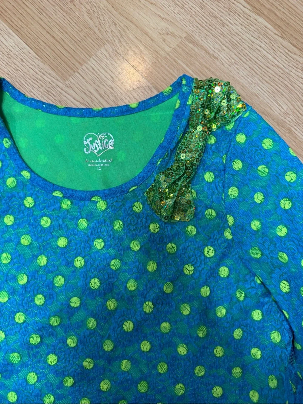 Justice Girls Size 12 Blue Green Polka Dot Sequin Layered Long Sleeve Top